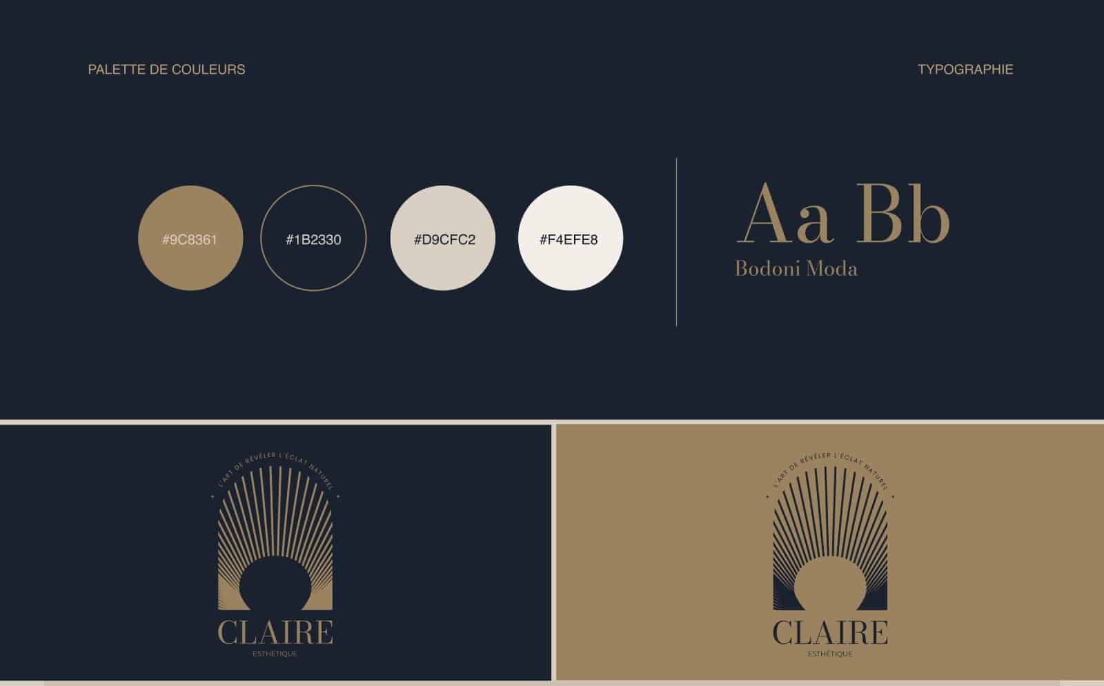 Palette de couleurs et typographie Claire Esthétique illustrant une identité visuelle élégante et cohérente pour institut de soins de la peau