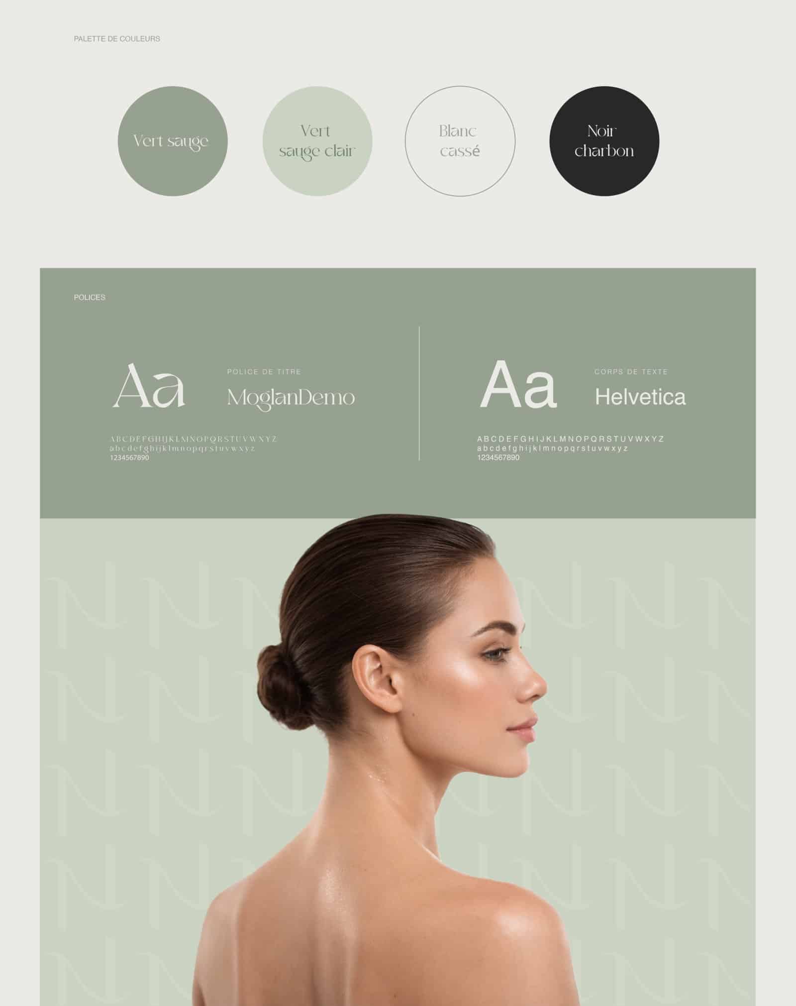 Palette de couleurs et typographie de l’identité visuelle NovaDerma avec teintes vert sauge et style clinique moderne