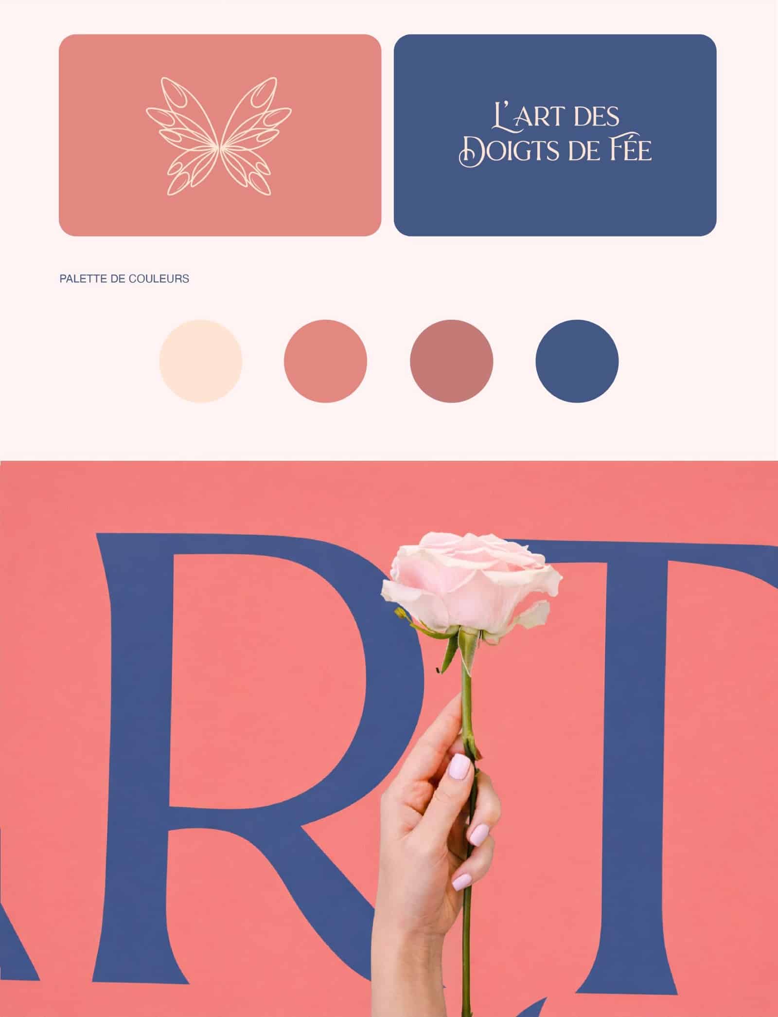 Identité visuelle onglerie avec logo L’Art des Doigts de Fée et palette de couleurs raffinée