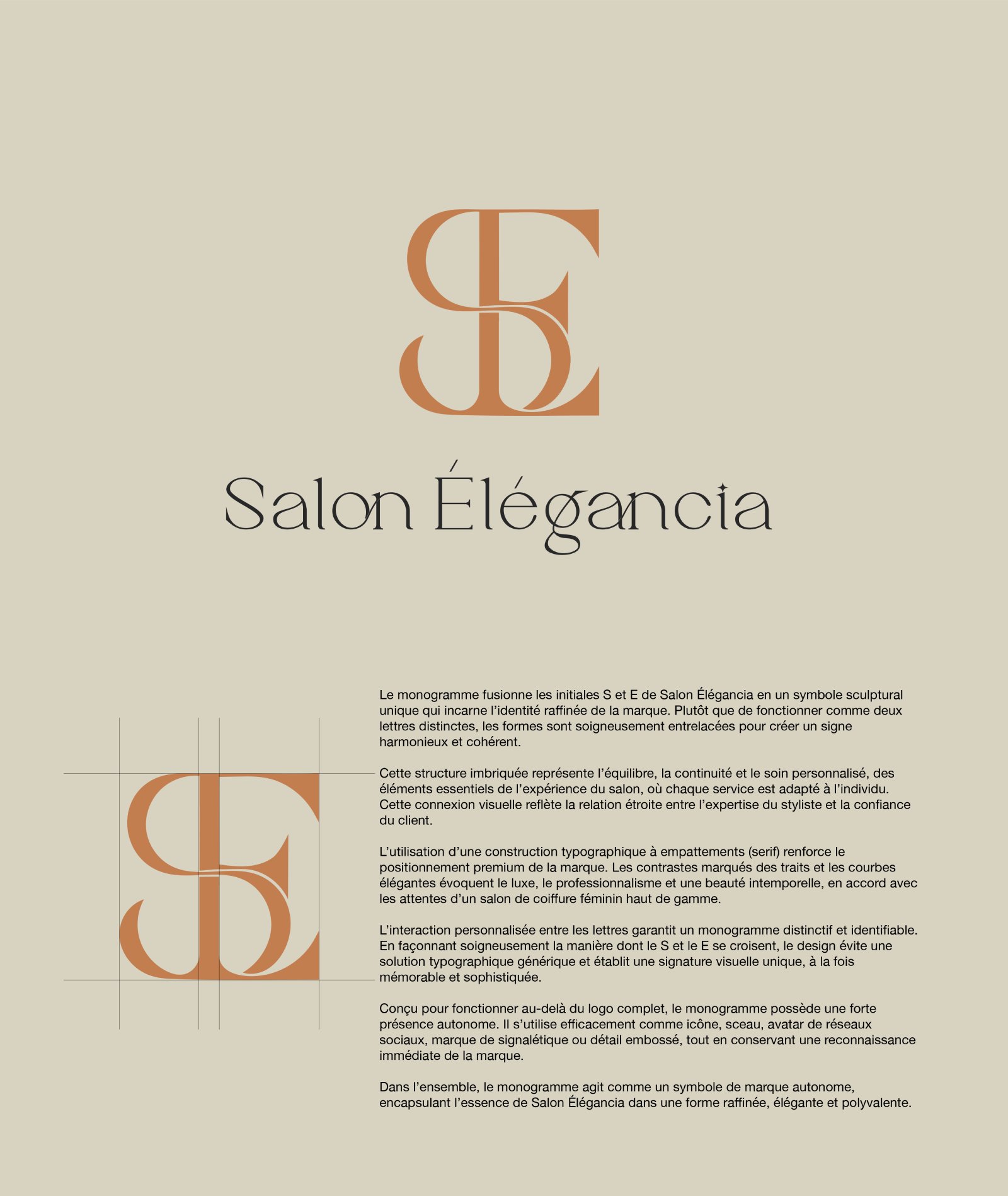 Identité visuelle salon de coiffure avec logo élégant et monogramme premium pour Salon Élégancia