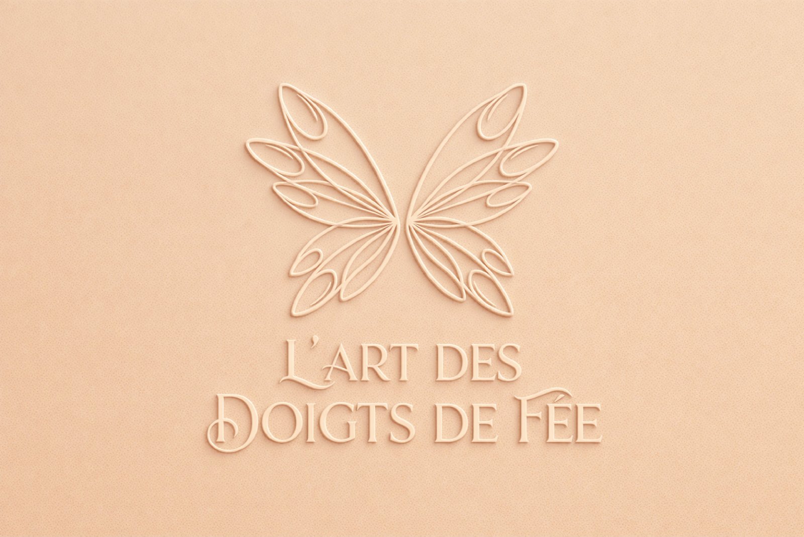Logo onglerie L’Art des Doigts de Fée avec symbole en forme d’ailes inspirées d’ongles, évoquant finesse et transformation