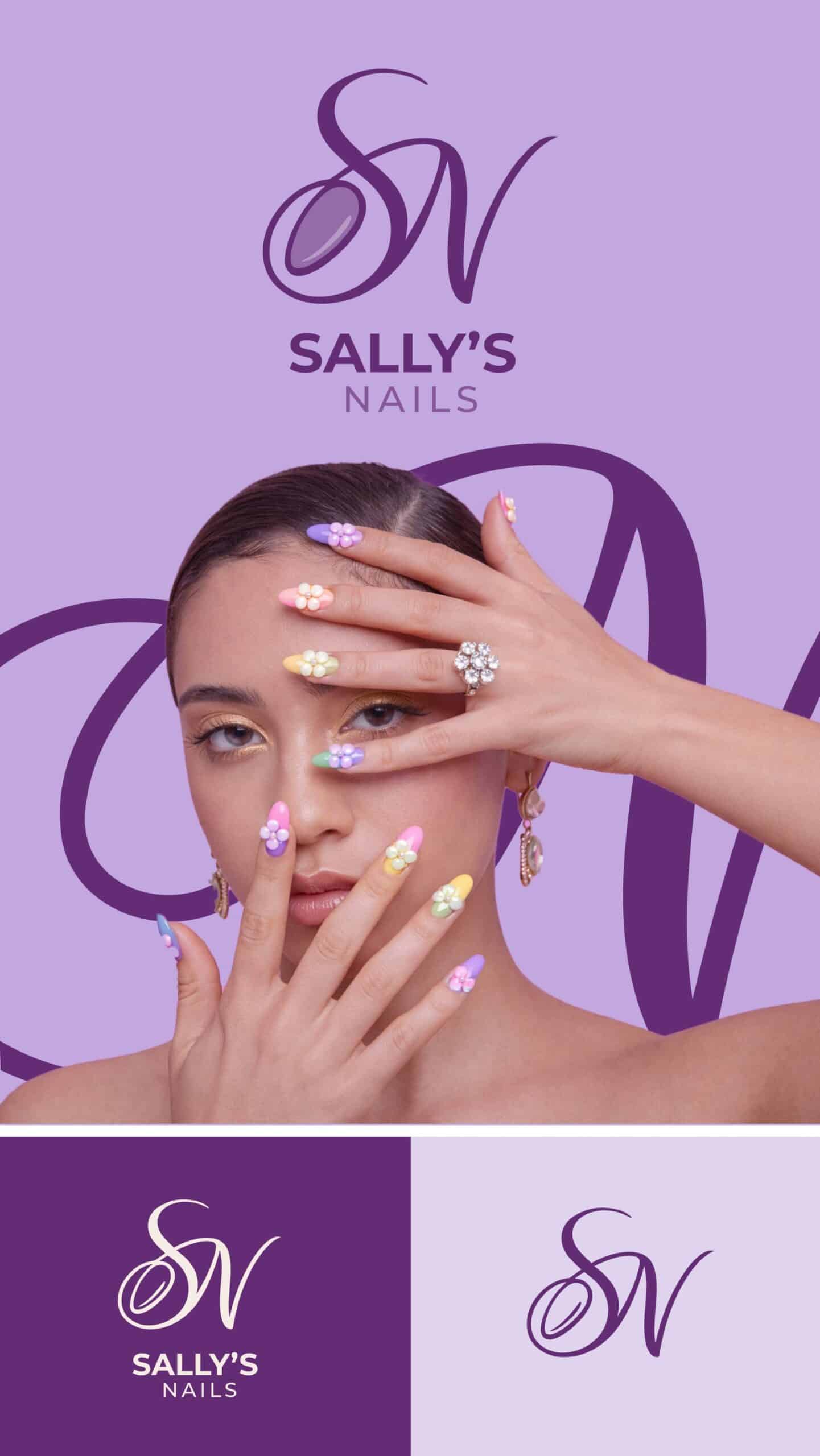 Logo onglerie haut de gamme Sally’s Nails avec monogramme élégant et nail art coloré