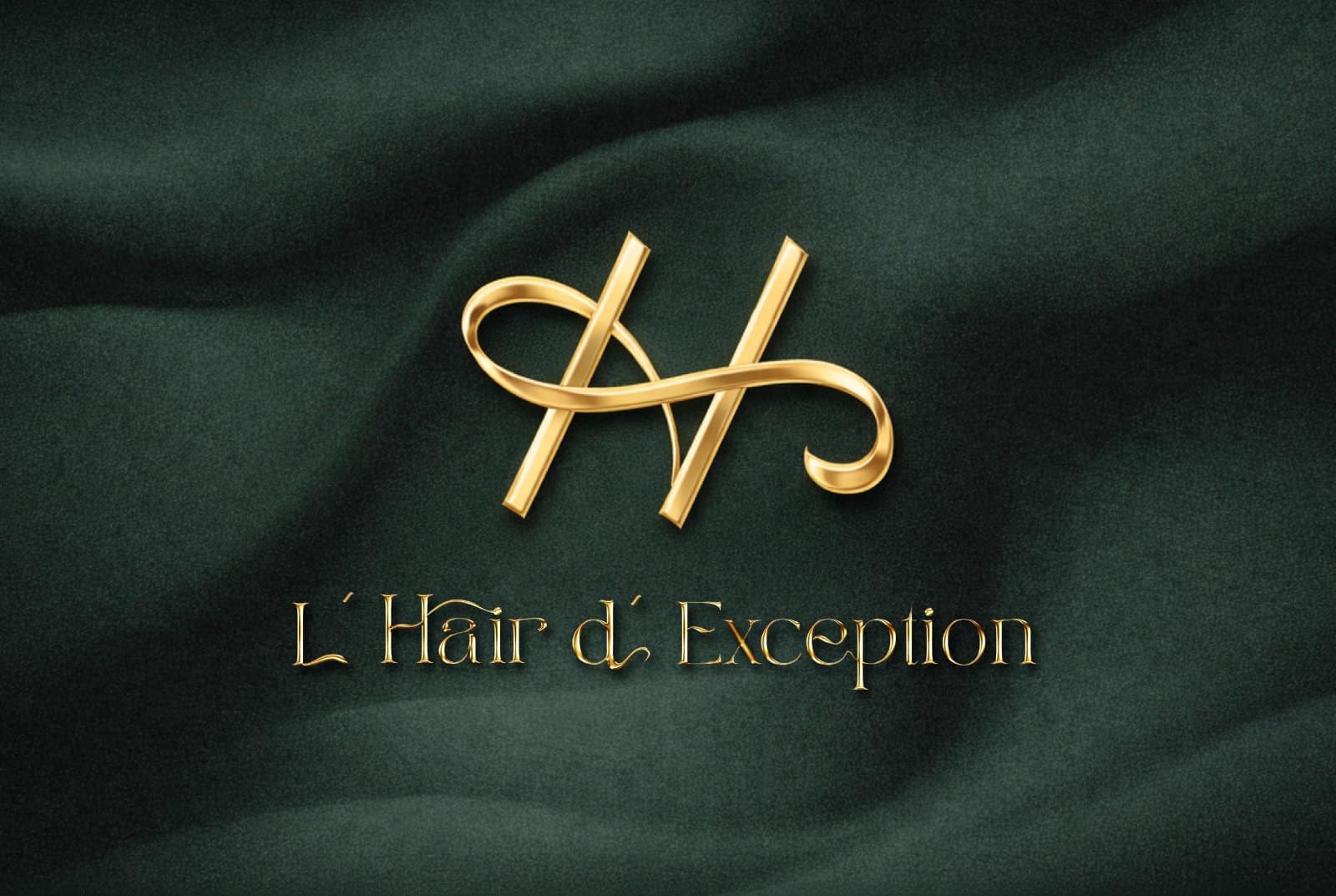 Logo salon de coiffure haut de gamme L’Hair d’Exception avec monogramme H élégant inspiré de mèches de cheveux