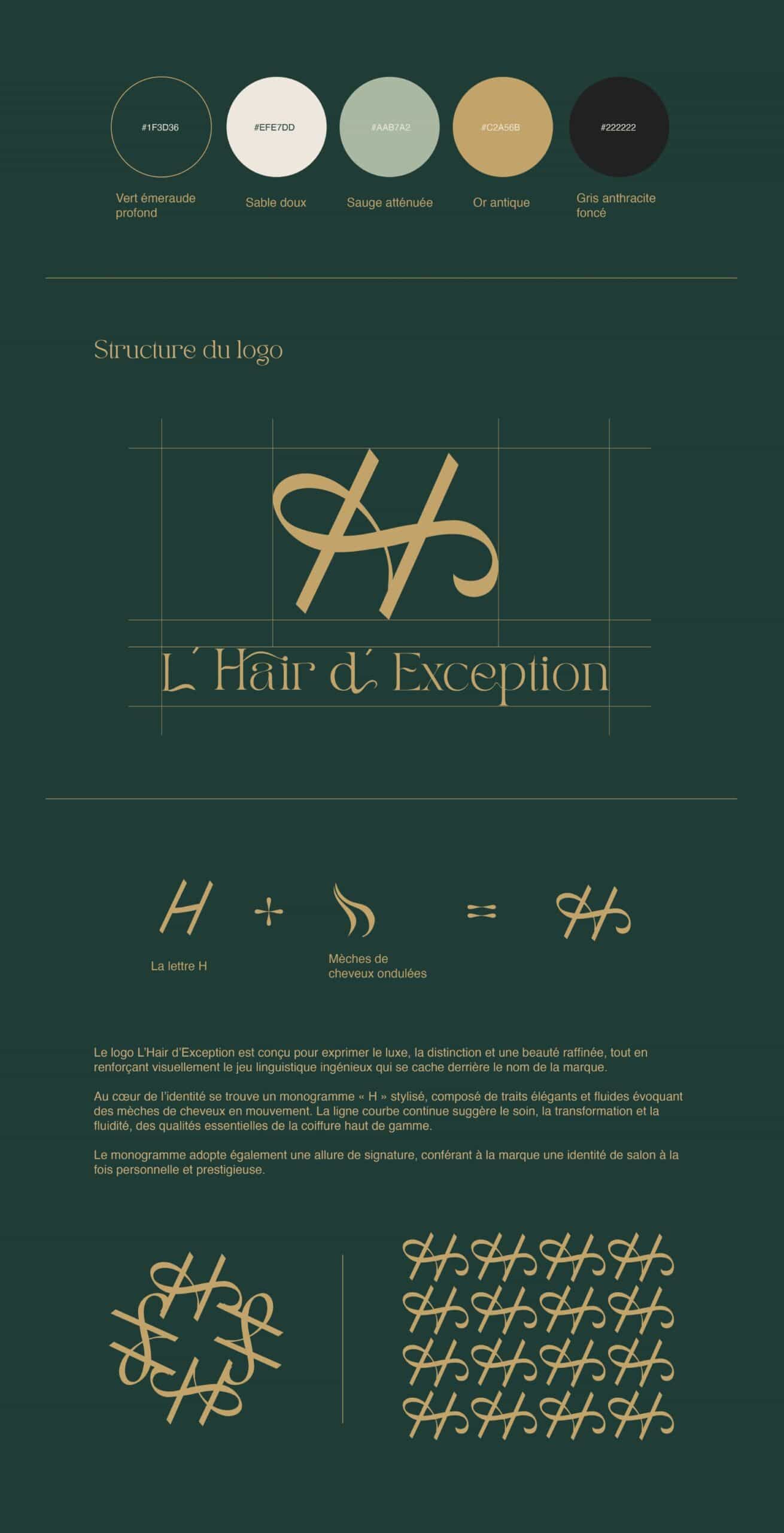 Structure du logo L’Hair d’Exception avec monogramme H inspiré de mèches de cheveux pour salon de coiffure haut de gamme