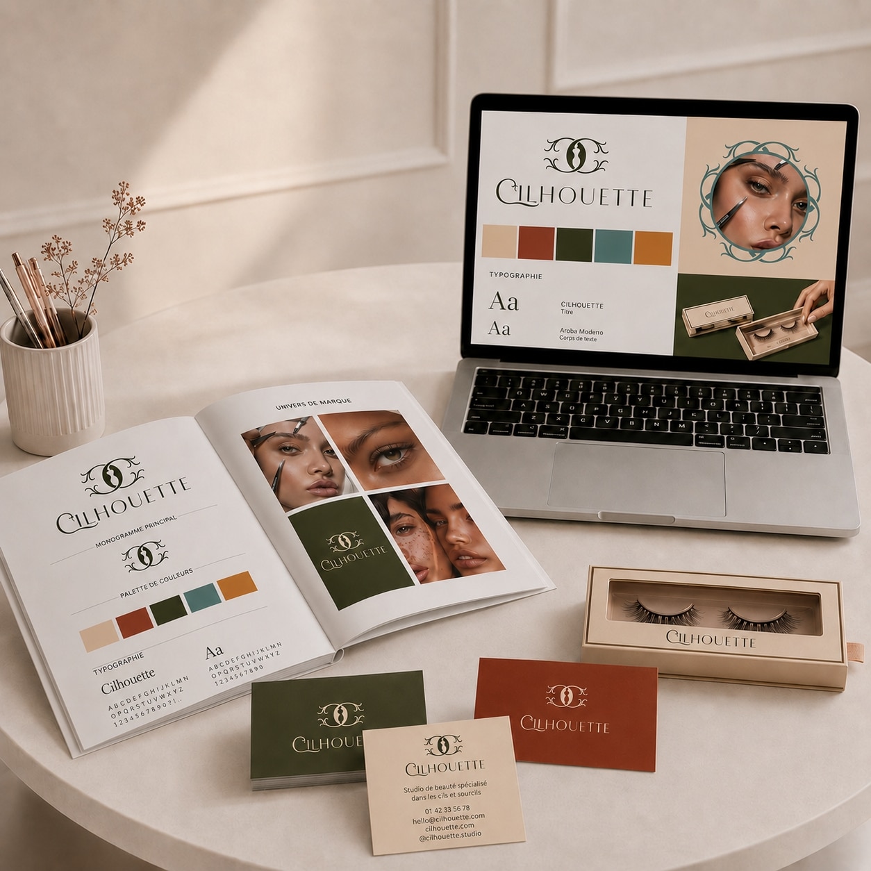 Identité de marque complète pour un studio de cils et sourcils, avec logo, palette de couleurs, guide de marque, cartes de visite et packaging.