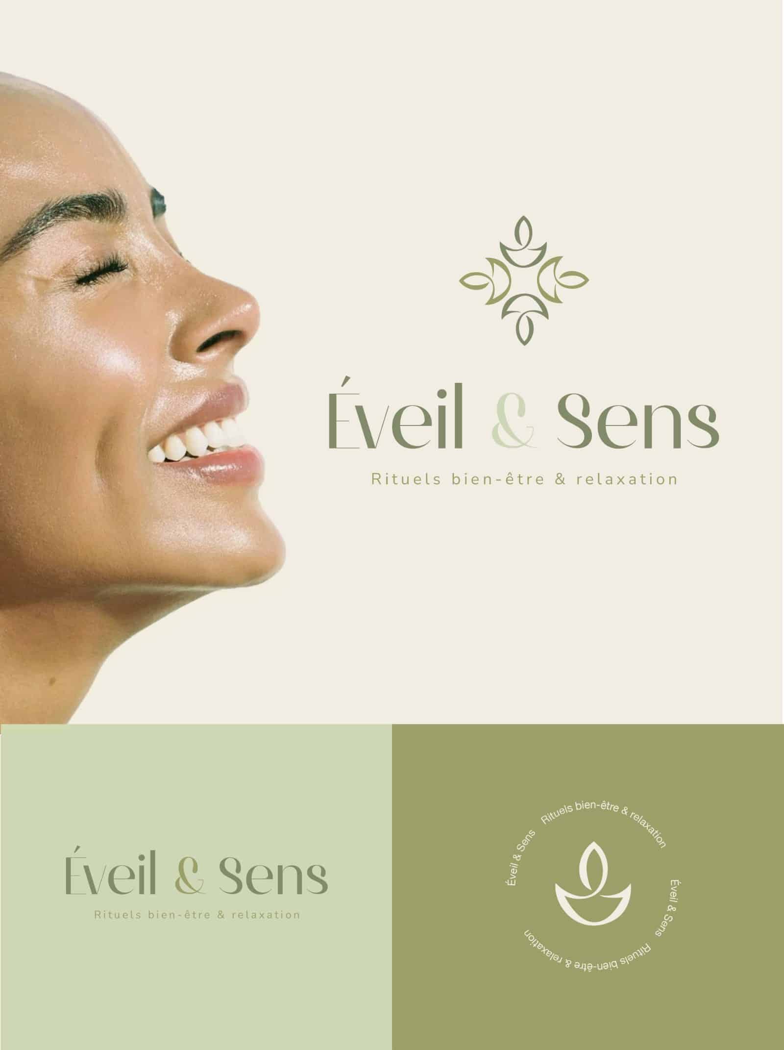 logo salon de bien-être Éveil & Sens avec logo principal, emblème et déclinaisons dans un univers doux et sensoriel