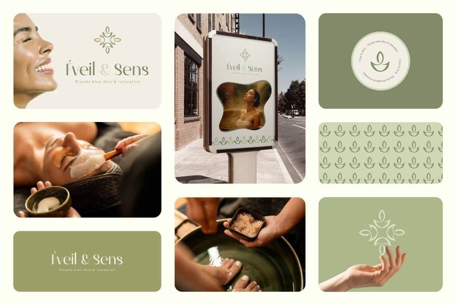 logo salon de bien-être Éveil & Sens — moodboard d’une identité visuelle sensorielle, douce et apaisante
